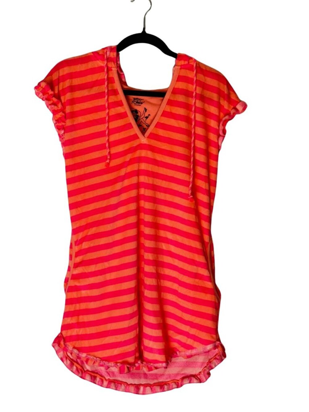 Betsey Johnson Pink Orange Striped Hooded Swim Cover Up Dress M